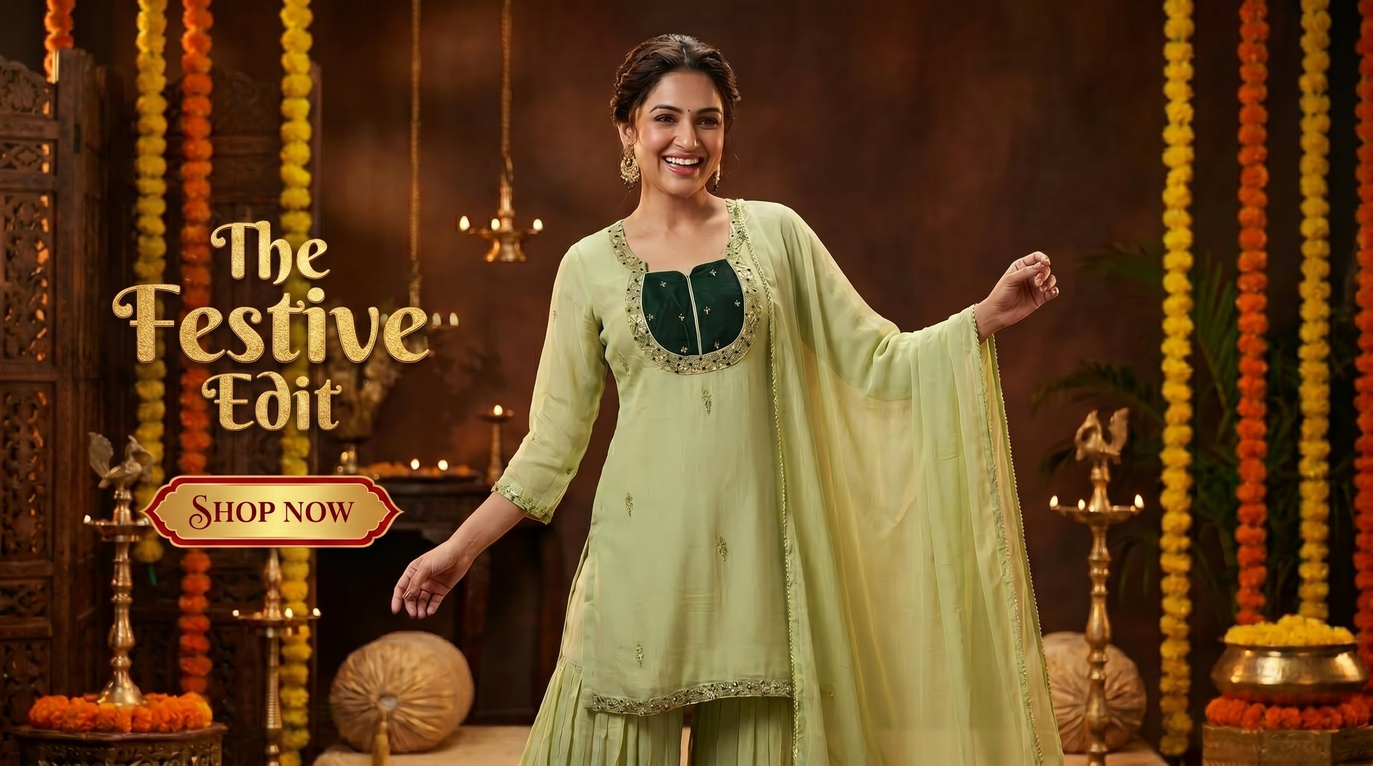 Woman in a light green traditional outfit with festive decorations and 'The Festive Edit' text.