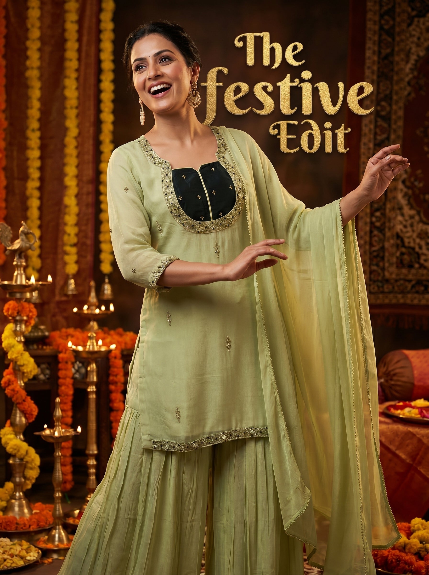 Woman in a light green traditional outfit with 'The Festive Edit' text in a decorated indoor setting.